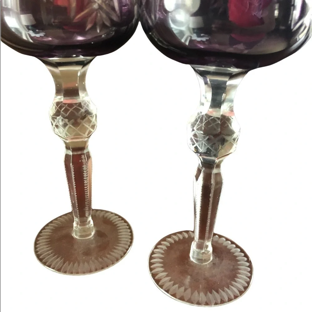 Set of 2 Purple Fine Floral Etched Glass Cut Crystal Wine Glasses Bride Groom
